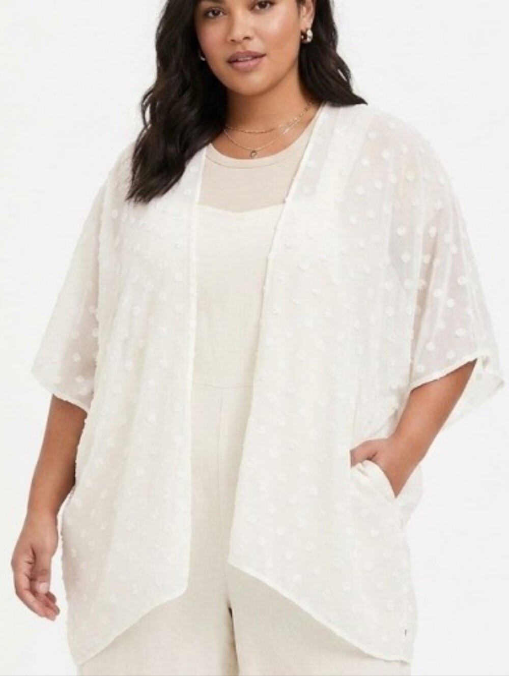 Off White Sheer Swiss Dot Kimono Cover-Up